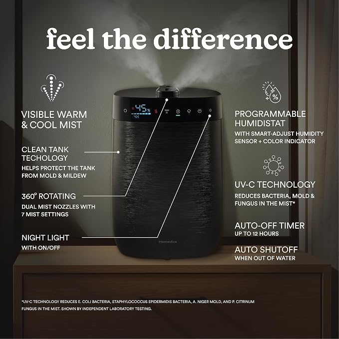 Homedics Deluxe Ultrasonic Humidifier for Large Rooms, Warm or Cool Mist, UV-C Technology, 1.5-Gallon Top Fill Tank, Smart Digital Programmable Humidistat, Home Dry Air Relief, Aromatherapy - Image 3