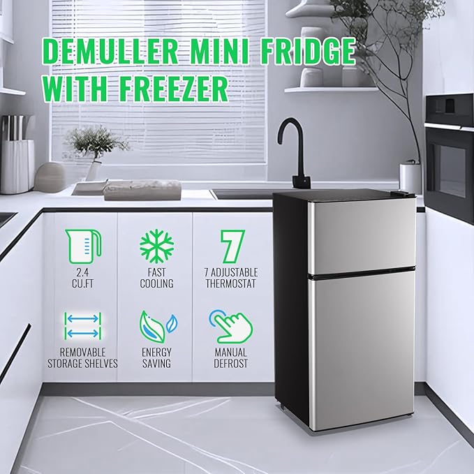 Mini Fridge with Freezer, 45L Personal Refrigerator Only for One Person Use, Silver Tiny Small Size Refrigerator with 7 Level Adjustable Temperature and Double Door - Image 6