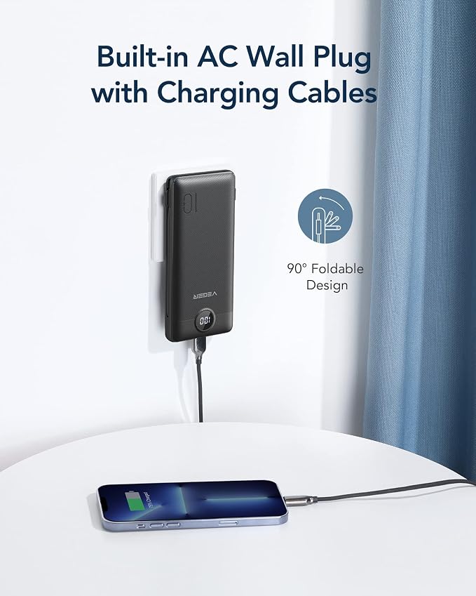 VEGER Portable Charger with Built-in AC Plug and Cables, All in One 10000mAh Ultra Slim Power Bank Travel Essentials, Fast Charging Battery Pack Compatible with iPhone, Samsung, Android (Black) - Image 3