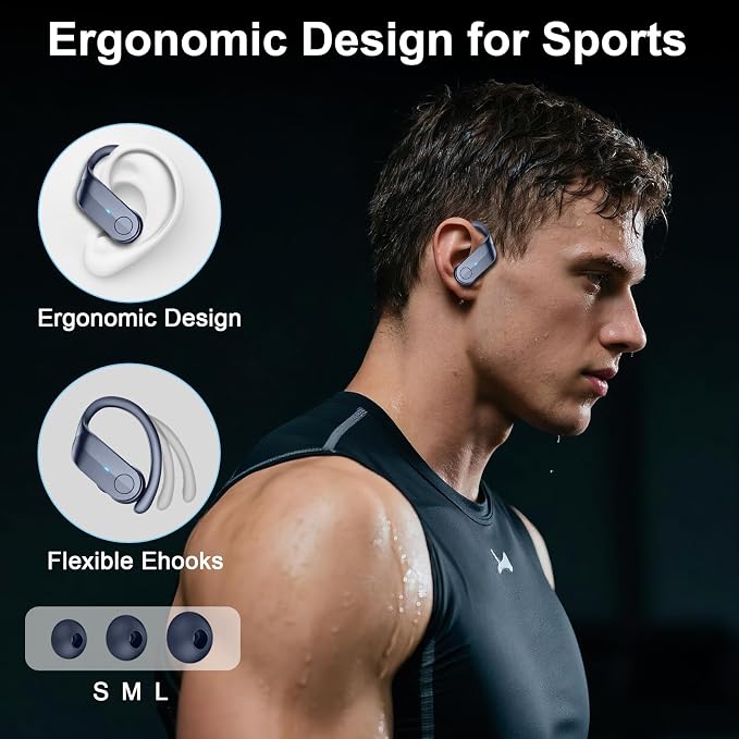 Ordtop Sport Wireless Earbuds with Earhooks, 70H, IPX8 Waterproof, Blue | Bluetooth 5.4, 4 ENC Microphones, Deep Bass Sound, LED Display, USB-C Fast Charging, Secure Fit For Running, Gym And Workouts - Image 5