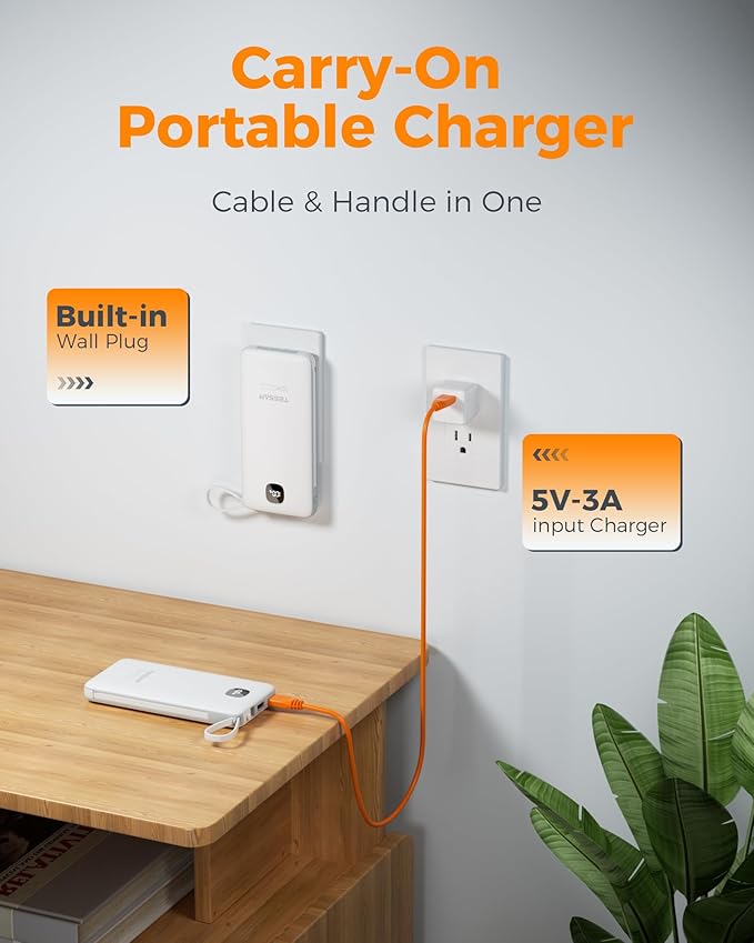 Portable Charger with Built in Cables,TESSAN 10000mAh Power Bank Fast Charging with Foldable Wall Plug Charger, PD20W Compact Battery Pack Travel Essentials for iPhone 17/16/15 Series,Samsung,Tablets - Image 3