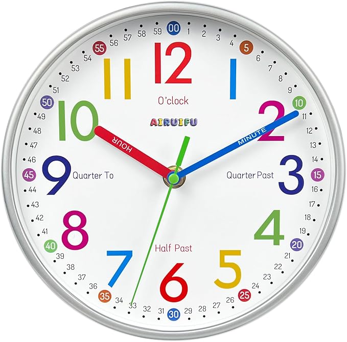 AIRUIFU Wall Clock for Kids Learning Tell Time Easily Non-Ticking Battery by AIRUIFU