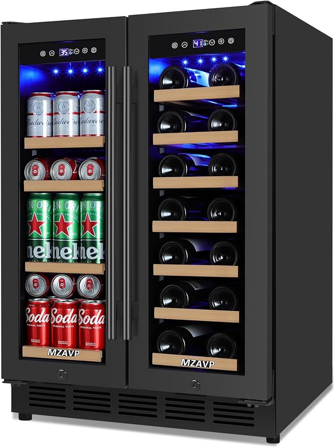 Wine and Beverage Refrigerator 24", Dual Zone Wine & Beverage Cooler with Glass Door and French Door, Built-In/Freestanding Wine and Beer Fridge Holds 21 Bottles & 88 Cans for Home/Bar - Black by MZAVP