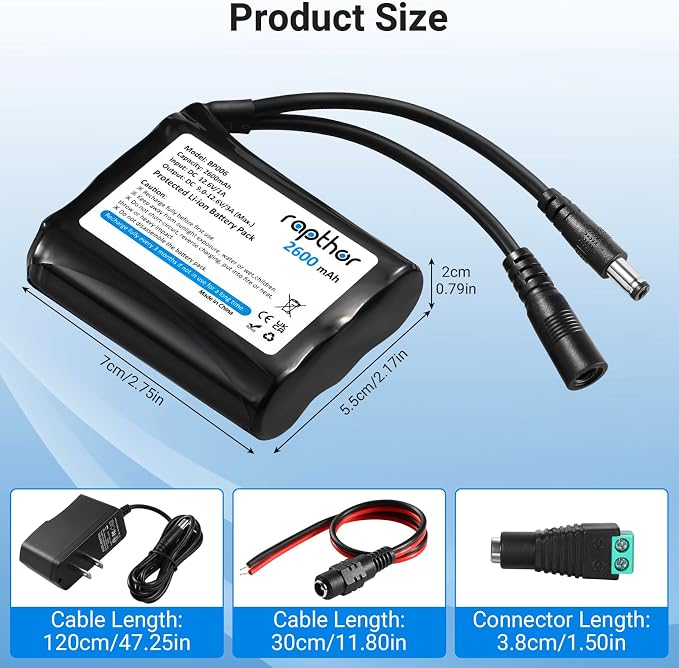 rapthor Rechargeable 12V 2600mAh Lithium ion Battery Pack with Charger Compatible with 12V Devices, Bike Light, DIY Project, Radio, Fishing Light,LED Light Strip, CCTV Camera - Image 4