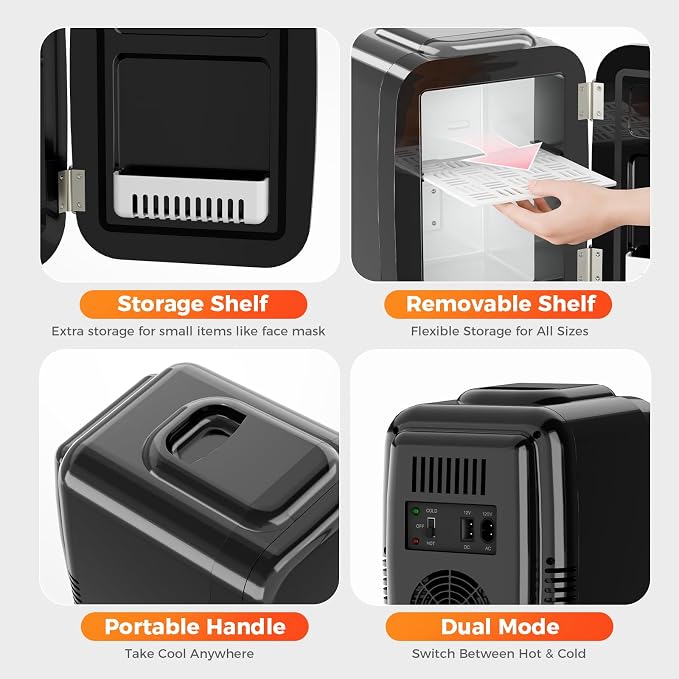Mini Fridge for Bedroom - 4 Liter/6 Can Mini Makeup Fridge, 110V AC/ 12V DC Portable Thermoelectric Cooler&Warmer for Skincare, Drink, Cosmetic, Medicine, Small fridge for Bedroom, Office, Dorm, Car - Image 4