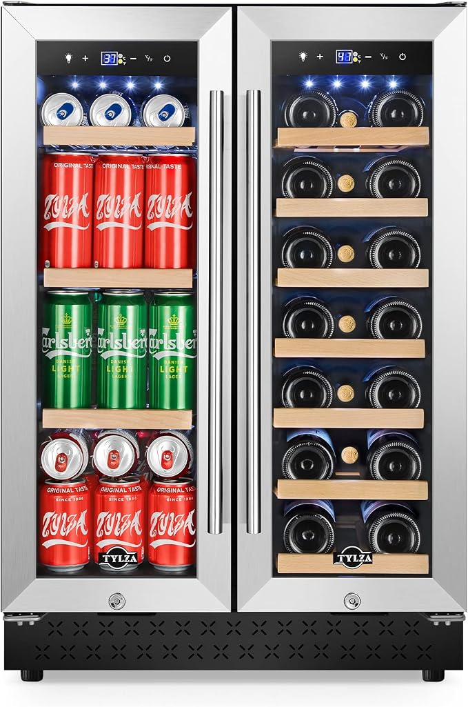 24" Dual Zone Wine and Beverage Cooler Quiet Compressor | Dual zone, quiet <38dB, fast cool, smart touch, temp memory, built-in/free, 20 wine+88 cans by TYLZA