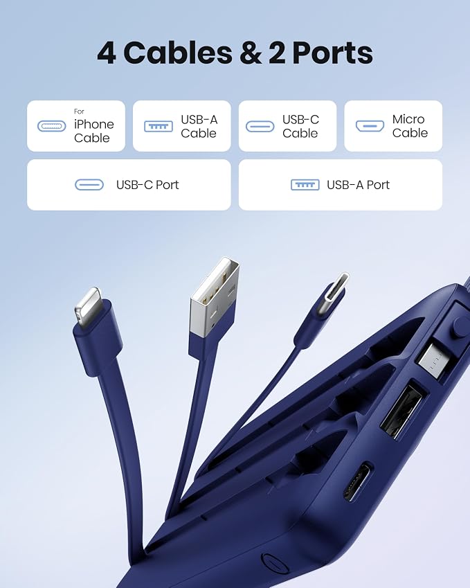 Portable Power Bank, Compact 10000mAh Portable Charger with 4 Cables, USB C Battery Pack 5 Outputs 2 Inputs LED Display Compatible with iPhone/Android & More (Navy Blue) - Image 2
