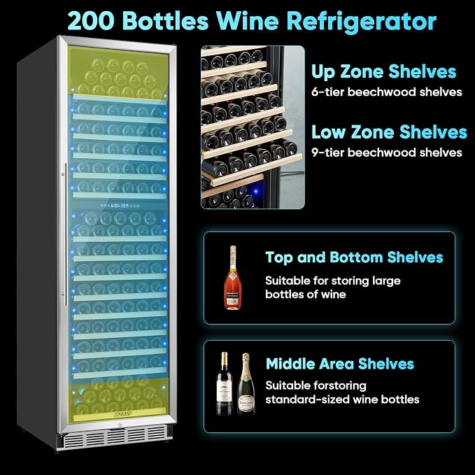 200 Bottle Wine Fridge Dual Zone, Wine Refrigerator 24 Inch Freestanding/Built-in, Large Wine Cooler Refrigerator with Advanced Temperature Control & Compressor Cooling, Quiet Operation - Silver - Image 5