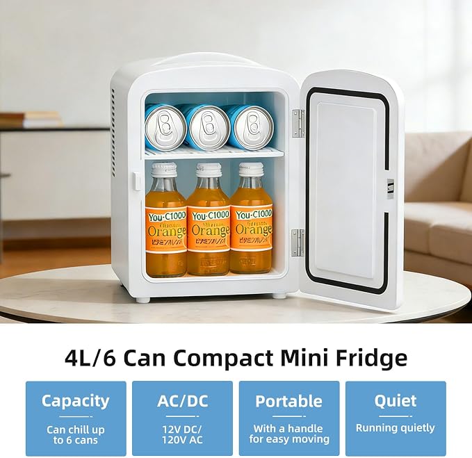 Antarctic Star 4L/6 Can Portable Mini Fridge,Personal Compact Refrigerator,Small Cooler for Food,Drinks or Skin Care, AC/DC for Bedroom, Car, Office & Dorm, White - Image 2