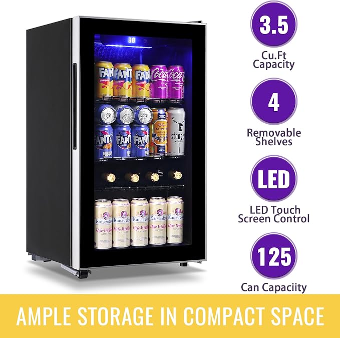 3.5 Cu.ft Beverage Refrigerator & Mini Cooler with LED Touch Panel 125 Can Small Beer Fridge with Glass Door for Wine Soda Juice Clear Front Removable Shelves for Home Office Bar - Image 2
