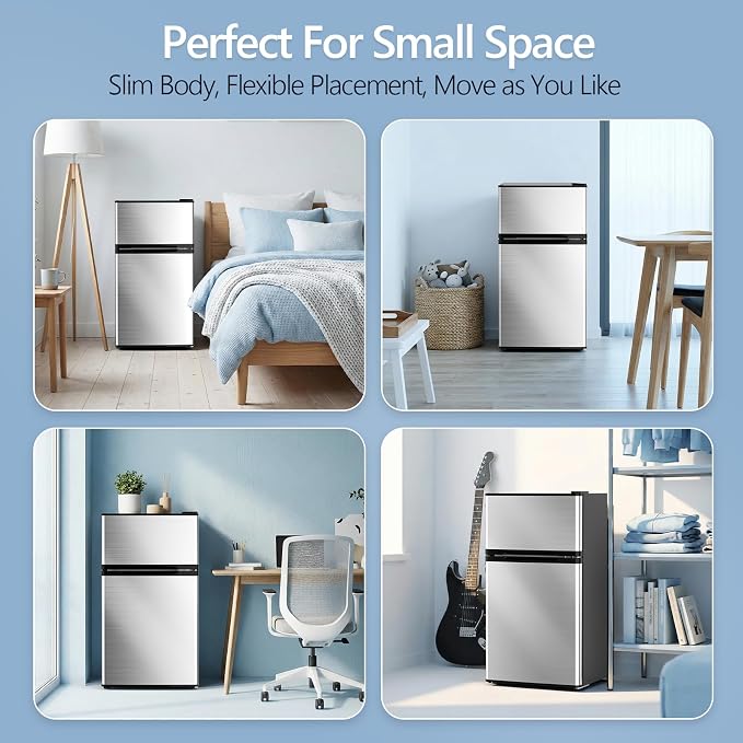 Electactic 2.5 Cu.Ft Mini Fridge with Freezer, Double-Door Compact Refrigerator, Adjustable Glass Shelves, Mechanical Thermostat & Leveling Feet, Space-Saving for Apartment/Dorm/Office, Silver - Image 6
