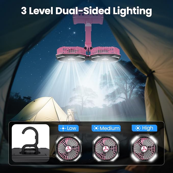 Dual Head Portable Rechargeable Fan 20000mAh Battery Powered Camping Fan Cordless with LED Lantern & Remote, Auto Oscillation, Hook, Battery Operated for Tent Office Travel Picnic Jobsite Orange - Image 4