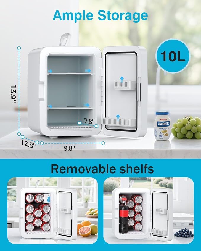 Antarctic Star Compact Mini Fridge, 10L Portable Small Refrigerator, 2.6 Gal Desktop Fridge with AC/DC Adapters, Small Cosmetics Cooler for Beverage, Food, Makeup, Bedroom, Office, Dorm, White - Image 2