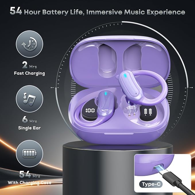 TRAUSI Wireless Earbuds Bluetooth Headphones, 54H Playtime Stereo Over Ear Buds with ENC Noise Cancelling, LED Power Display, IPX7 Waterproof Sport Earphones with Earhooks for Running/Workouts Purple - Image 3