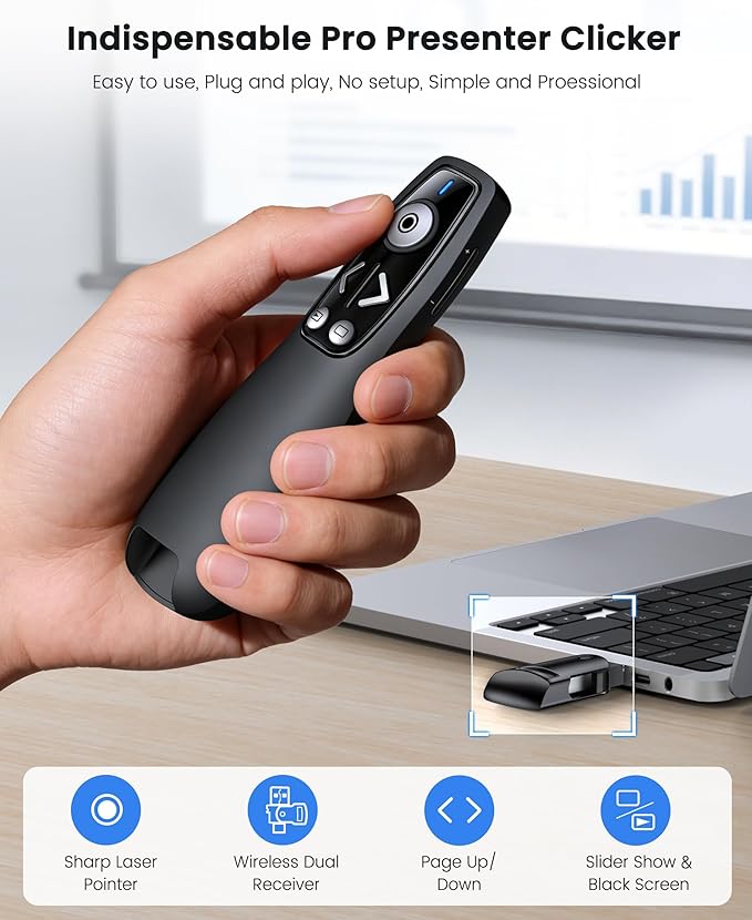 Presentation Clicker with USB-A & USB-C Receiver, 2.4GHz Wireless Presenter - Image 2