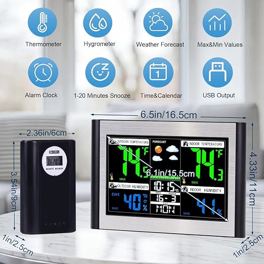 Weather Stations Wireless Indoor Outdoor Thermometer, Color Display Digital - Image 3