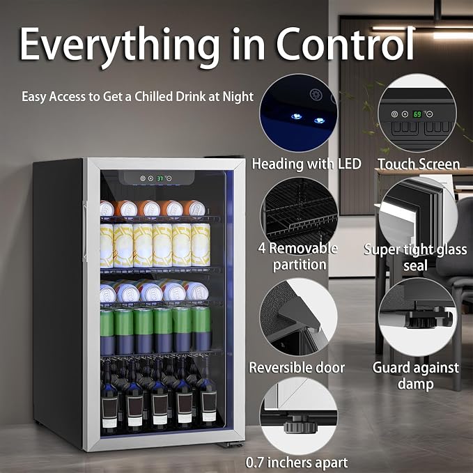 Compact 126 Can/3.2 Cu.Ft Mini Fridge, Reversible Glass Door | for Soda, Beer Or Wine, Portable Small Beverage Refrigerator with Digital Display&Removable Shelves for Office, Dorm, Bar - Image 3