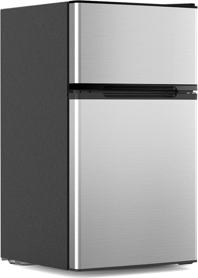 Electactic 3.1 Cu.Ft Mini Fridge with Freezer for Bedroom Office, Silver | 2 Reversible Door, Stainless Steel, Removable Glass Shelves, Adjustable Thermostat, Energy Saving, Small Fridge for Dorm by Electactic