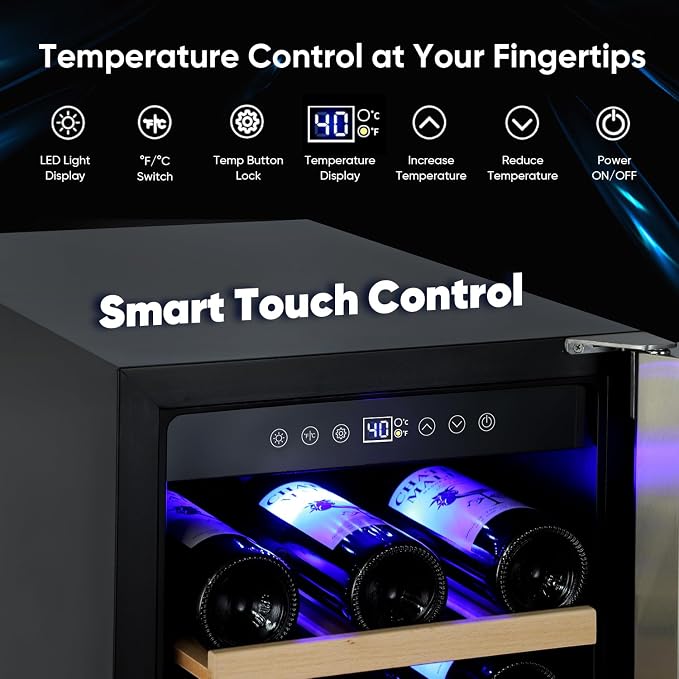 15 Inch Wine Cooler Under Counter, 30 Bottle Wine Fridge with Stainless Steel Glass Door, Built-In or Freestanding Wine Cellar with Removable Shelves and Digital Temperature Control - Image 3