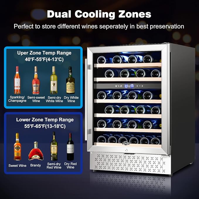 24 Inch Wine Fridge, Dual Zone 54 Bottles Wine Refrigerator, Built-In or Freestanding, Safety Lock, Double-Layer Glass Door, Adjustable Shelves, Wine Cooler Refrigerator for Home Bar Kitchen - Image 4