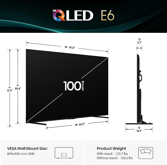 Hisense 100" Class E6 Series QLED 4K UHD Smart Fire TV (100E6QF, 2025 Model) - QLED, Native 144Hz, Dolby Vision IQ · Atmos, Motion Rate 240, HDR 10+, Game Mode Pro, Voice Remote with Alexa - Image 3