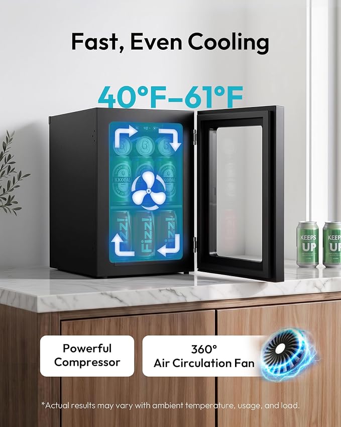 EUHOMY 18L Beverage Refrigerator Cooler, 24 Cans Mini Fridge with Quiet Compressor, Countertop Small Fridge with 40°F-61°F Digital Temperature Control, LED Lgiht for Home, Bar, Office - Image 2
