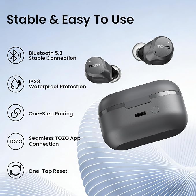 TOZO NC9 Hybrid Active Noise Cancelling Wireless Earbuds, 60H, LED Display | 6 Mic ENC Clear Calls, Deep Bass Sound, IPX8, in Ear Bluetooth 5.3 Headphones,32 EQs via APP, Comfort Fit Ear Buds, Gray - Image 9