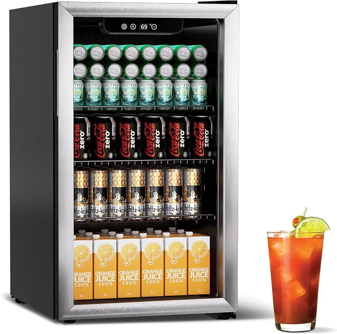 Erivess Mini Fridge 105Can Beverage Refrigerator Cooler Glass Door for Soda | 3.0 Cu Ft Drink Fridge for Home/Bar/Office with LED Display, Digital Temperature Control, Removable Shelves for Wine, Silver by Erivess
