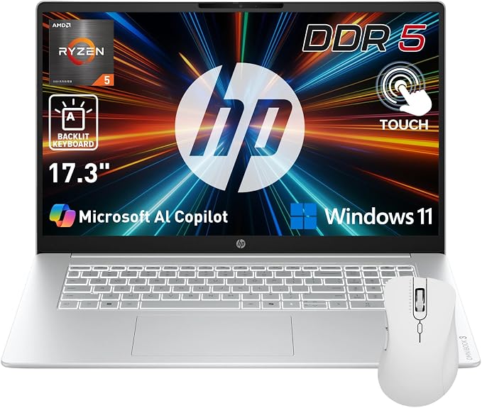 HP OmniBook 17.3” Touchscreen Next Gen AI Laptop, Latest AMD Ryzen 5 CPU | 16GB DDR5 RAM, 512GB SSD, Copilot Key, AMD Radeon 660M Graphics, Backlit Keyboard, Win11 Home, Silver, w/ Wireless Mouse by HP