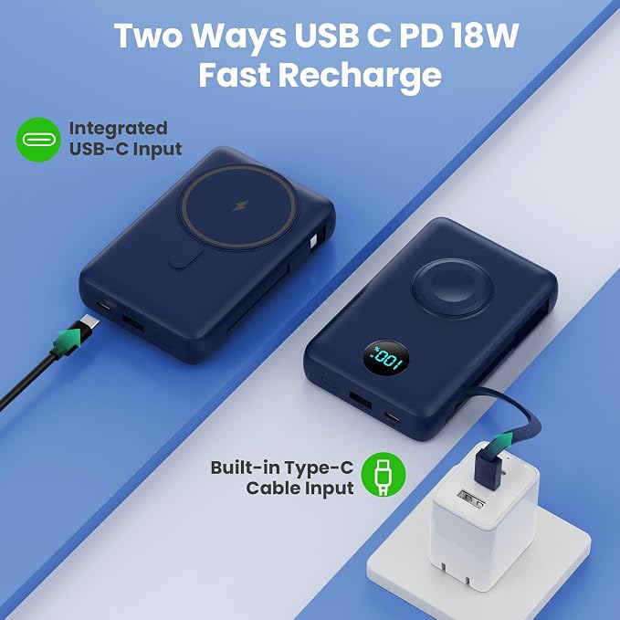 Magnetic Portable Charger for MagSafe with Built-in Cable,iWatch Charger,10800mAh Wireless Power Bank Travel Essentials,25W PD Fast Charging Battery Pack for iPhone 17/16/15/14/13/12,Apple Watch-Navy - Image 6