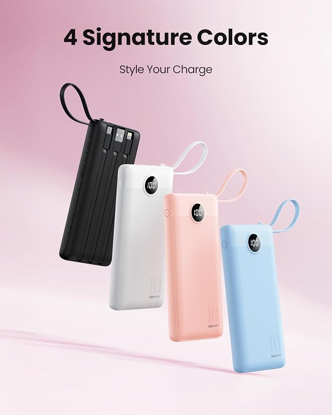 Portable Phone Charger, Slim 10000mAh Travel Essentials Power Bank with Cords Wires, Battery Pack 5 Outputs 2 Inputs LED Display Compatible with iPhone/Android & More (Pink) - Image 7