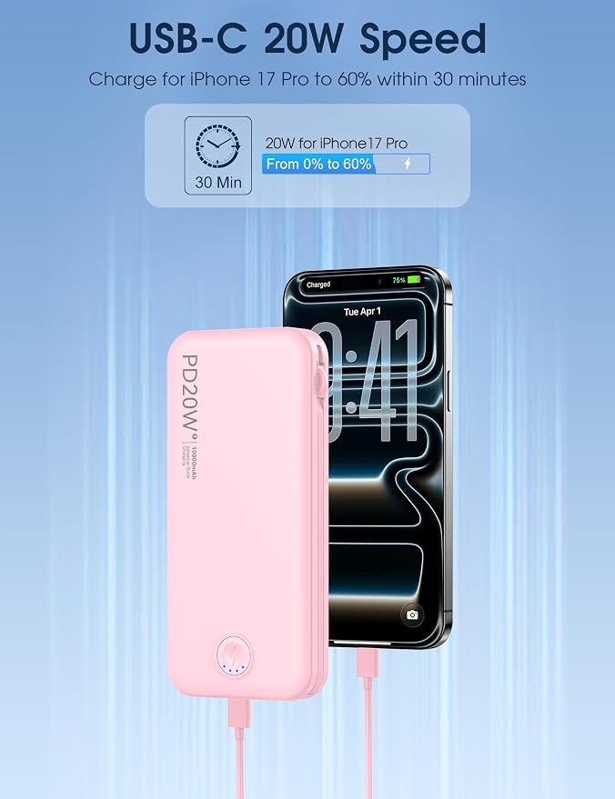 Nusyddy Portable Charger, 10000mAh PD20W Fast Charging Power Bank with Built-in Cables & Wall Plug, Travel Essentials External Battery Pack, USB C Battery Phone Charger for iPhone, iPad, Samsung Pink - Image 4