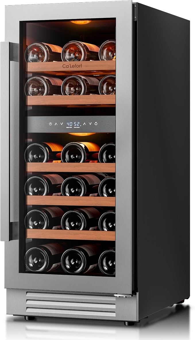 Ca'Lefort 15 Inch Wine Fridge, 28 Bottle Dual Zone Wine Cooler | 40-65°F Touch Control, Dual-Pane Glass Door, Adjustable Shelves, 3 Color LED, Built-In or Under Counter for Home Bar Kitchen by CaLefort