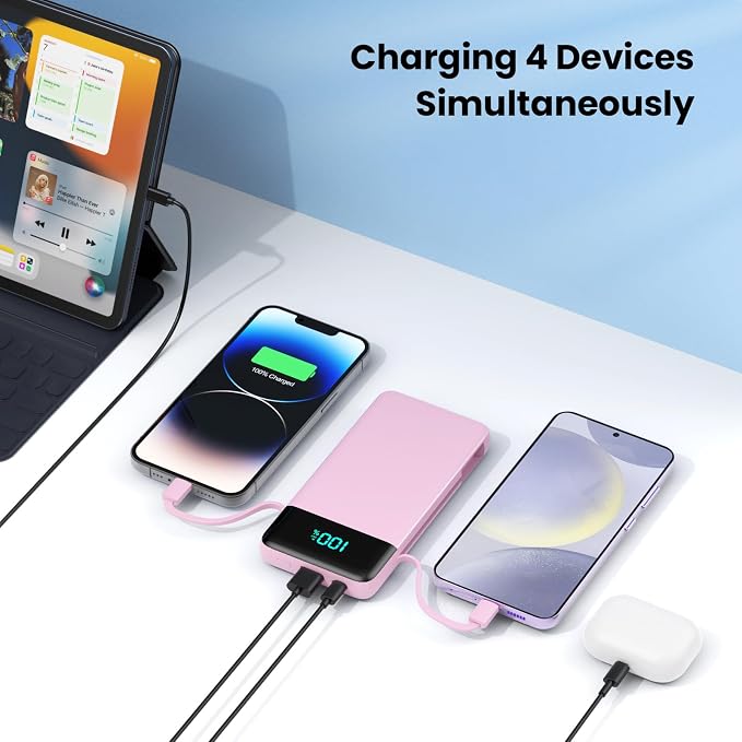 Portable Charger for iPhone with Built in Cables and Wall Plug,Upgraded 13800mAh Fast Charging USB C Power Bank,4 Outputs Travel Essential Battery Pack Compatible with iPhone 17/16/15/14,Samsung-Pink - Image 6