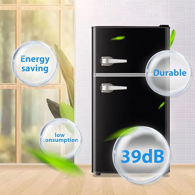 3.5 Cu.Ft Retro Mini Fridge with Handle Compact Refrigerator Black | Dual Door Refrigerator with Freezer 7 Gears Temperature Control Ideal for Bedroom Dorm Office - Image 7