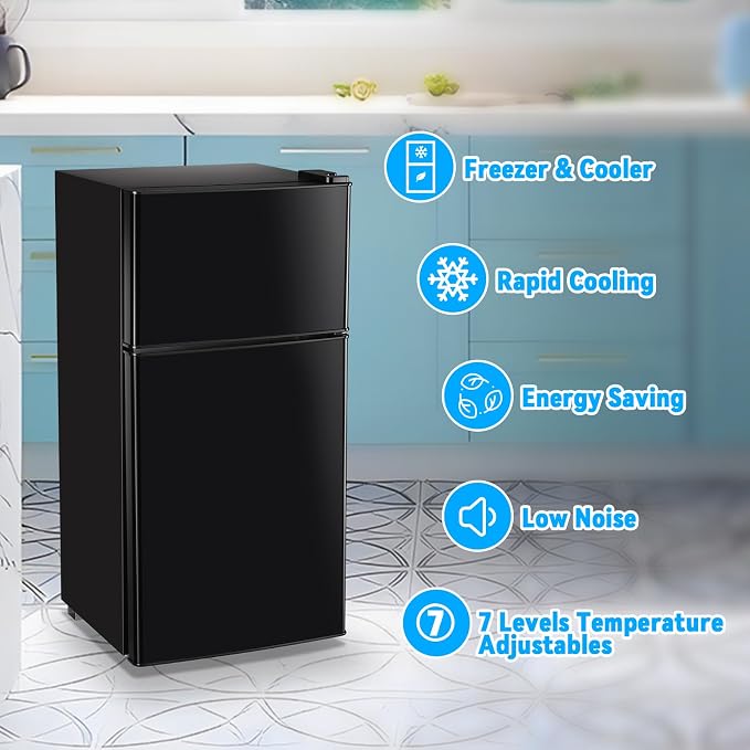 Mini Fridge with Freezer 2.4 Cu.ft Mini Refrigerator Freezer Double Doors 7 Modes Temp Suit for Apartment Bedroom Office Black - Image 3