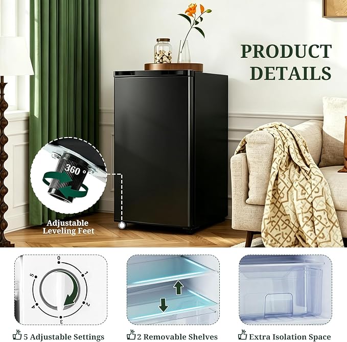 Mini Fridge with Freezer, 3.2 Cu.Ft Compact Single Door Refrigerator with Adjustable Thermostat, Low Noise & Energy Efficient (0.41kWh/Day), Small Fridge for Bedroom, Dorm, Office, Apartment (Black) - Image 4