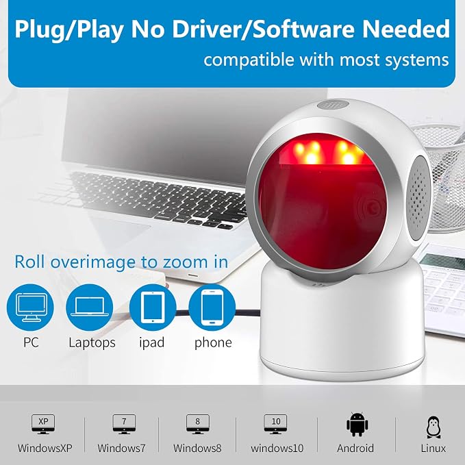 2D QR Barcode Scanner Omnidirectional Hands-Free USB Automatic Barcode Reader - Image 4