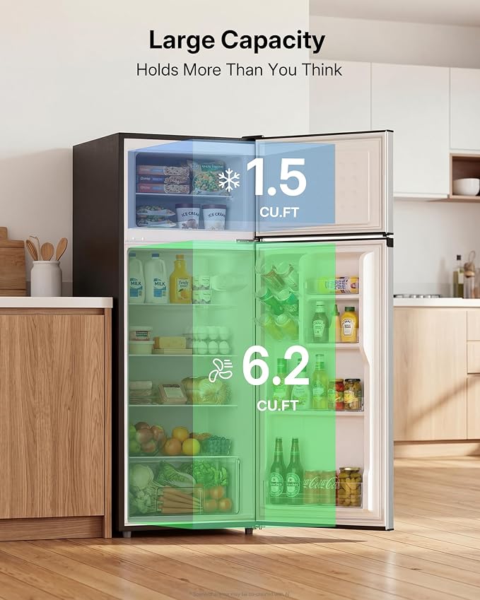 Upstreman 7.7 Cu.Ft. Refrigerator with Freezer Double Door Refrigerator | 7 Adjustable Thermostat, Large Capacity, Reversible Door Swing, Refrigerator for Apartment, Office, Dorm, Stainless (SD75) - Image 3