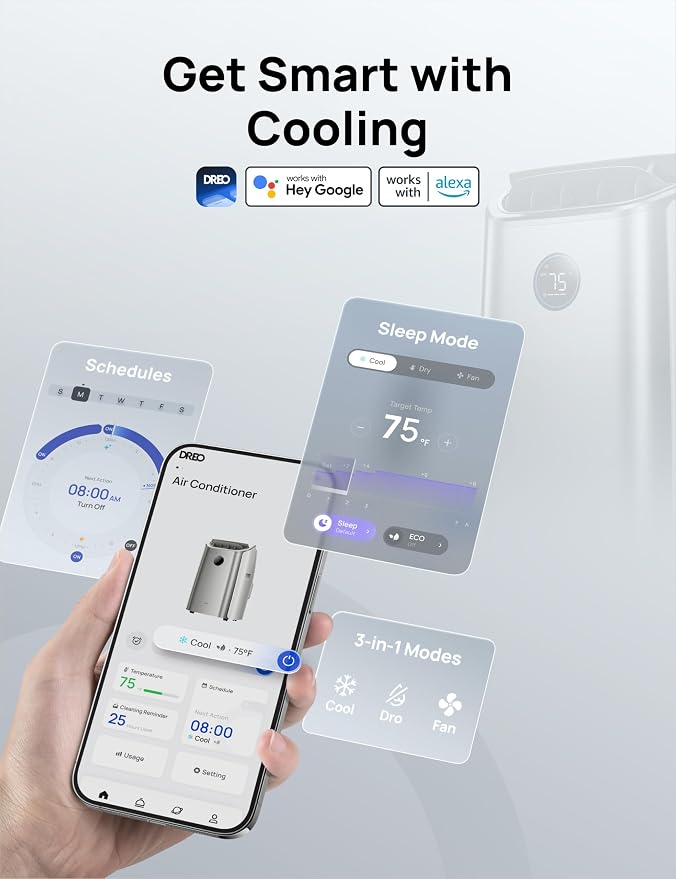 DREO Portable Air Conditioners, 12,000 BTU AC Unit for Bedroom with Drainage-free Cooling, 46dB Quiet, APP/Voice/Remote, 24h Timer with Fan & Dehumidifier, Smart Standing AC for Room Indoors, AC515S - Image 4