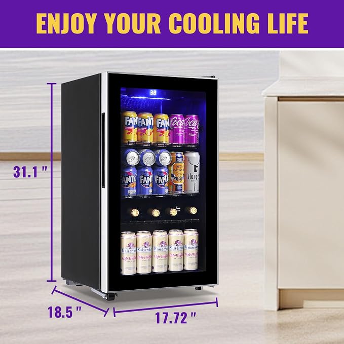 3.5 Cu.ft Beverage Refrigerator & Mini Cooler with LED Touch Panel 125 Can Small Beer Fridge with Glass Door for Wine Soda Juice Clear Front Removable Shelves for Home Office Bar - Image 6