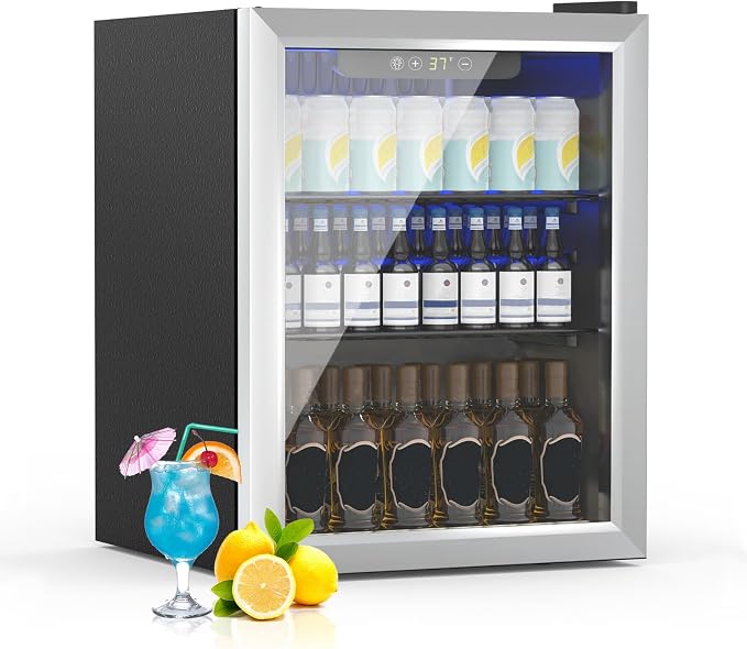 Erivess Mini Fridge 70 Can Beverage Refrigerator Cooler Glass Door for Soda | 1.6 Cu Ft Drink Fridge for Home/Bar/Office with LED Display, Digital Temperature Control, Removable Shelves for Wine, Silver by Erivess