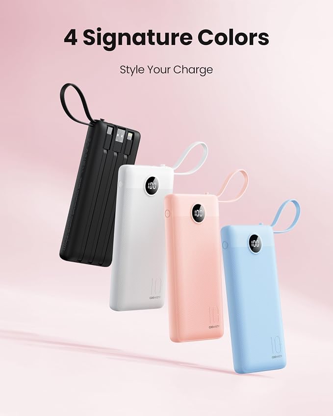Portable Power Bank, 10000mAh Slim Portable Charger with Built-in Cables, External Battery Pack 5 Outputs 2 Inputs LED Display Compatible with iPhone/Android & More (White) - Image 7