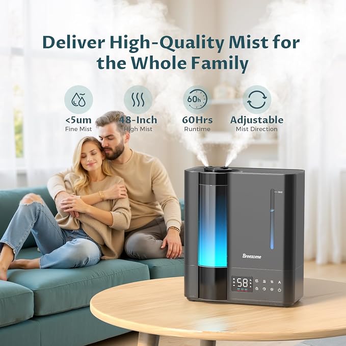 BREEZOME 8L Humidifiers for Bedroom, Warm & Cool Mist for Large Room Home, Top Fill Ultrasonic Humidifier, Humidity Sensor, Essential Oil, 60H Runtime, Quiet for Baby, Plants, Fast Relief - Image 9