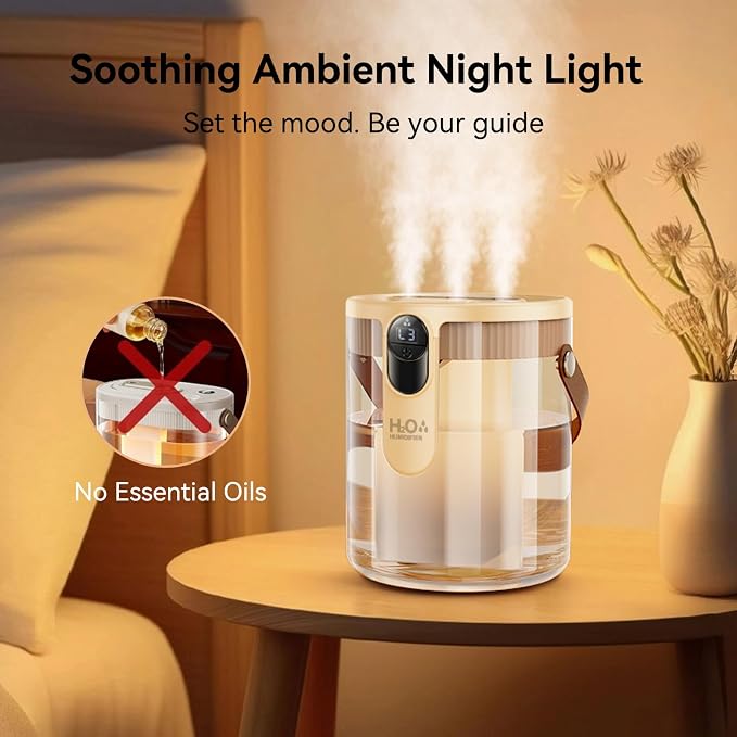Rechargeable Portable Top Fill Humidifier, Smart Humidifiers for Bedroom, Night Light, 1.4L Cool Mist Humidifier for Office Home Plant Baby, 3-Speed Mist Control, Quiet, Auto Shut-Off (Beige) - Image 6