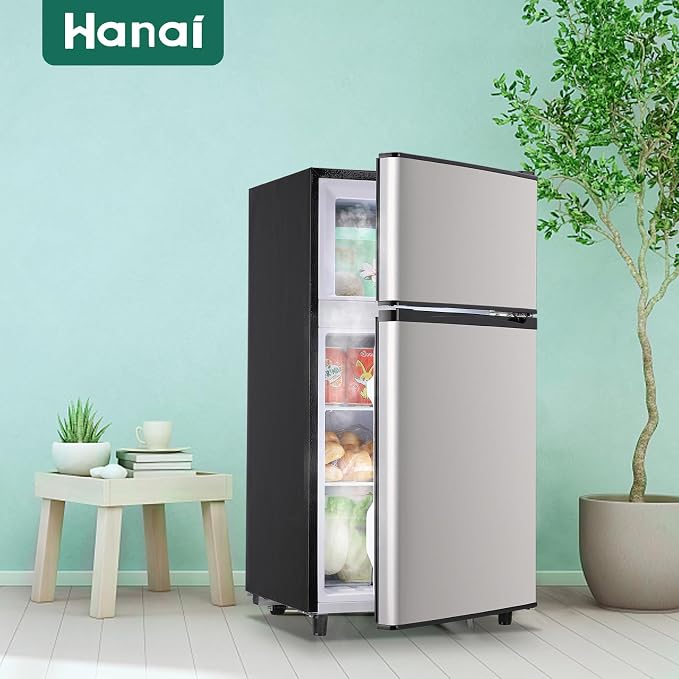 Double Door Small Refrigerator with Freezer-on-top, 3.5 Cubic Feet Mini Fridge with 7-Level Adjustable Thermostat for Office, Dorm, Bedroom, Home and Apartment, Silver - Image 8