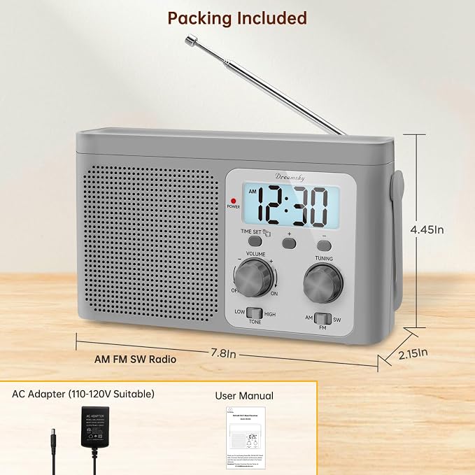 DreamSky AM FM Radio Portable - Shortwave Radio Battery Powered or Plug in Wall for Home Outdoor, Strong Reception, Large Dial Easy to Use, Digital Time Display, Transistor Antenna, Seniors Small Gift - Image 7