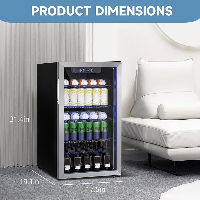 Stopasd Compact Beverage Refrigerator, 3.2 Cu.Ft/126 Can Drink Fridge with Adjustable Shelves & Glass Door for Soda Wine Beer, Quiet Undercounter Small Fridge for Home/Office/Bar/Garage,Sliver - Image 3