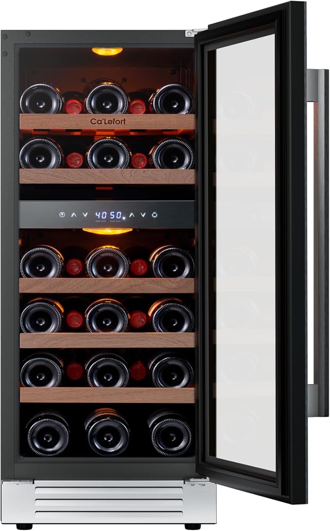 Ca'Lefort 15 Inch Wine Fridge, 28 Bottle Dual Zone Wine Cooler | 40-65°F Touch Control, Dual-Pane Glass Door, Adjustable Shelves, 3 Color LED, Built-In or Under Counter for Home Bar Kitchen - Image 9