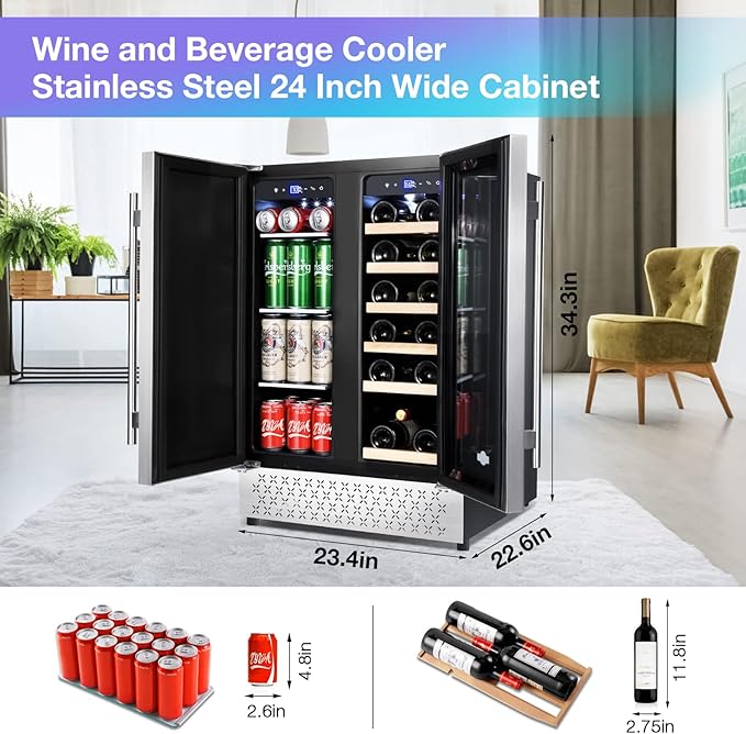 Wine and Beverage Refrigerator, 24 Inch Dual Zone Wine Beverage Cooler, Holds 20 Bottles and 88 Cans, Built-In and Freestanding, Seamless Glass Door, Under Counter Beer Wine Refrigerator - Image 7